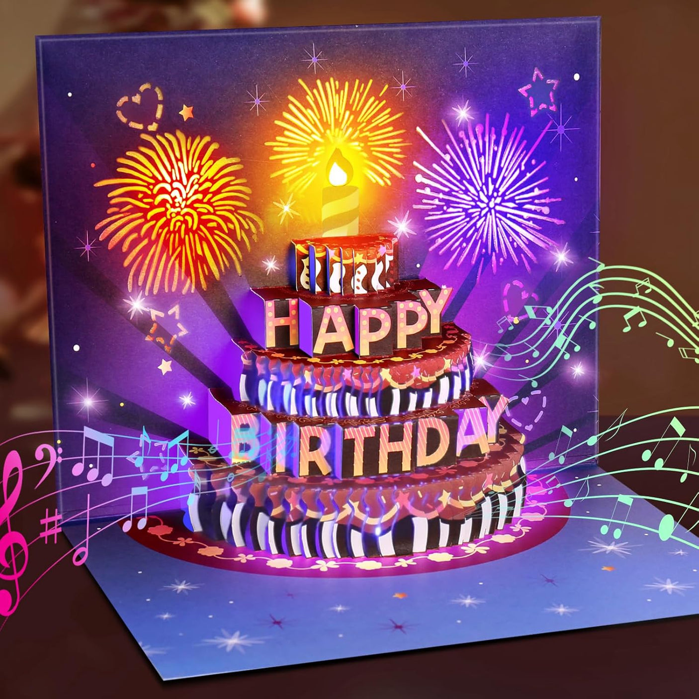INPHER Birthday Cards Fireworks Pop Up Cake Light and Music Happy Birthday Gifts Decorations for Women, Men, Mom, Grandma - Build Your Ideas