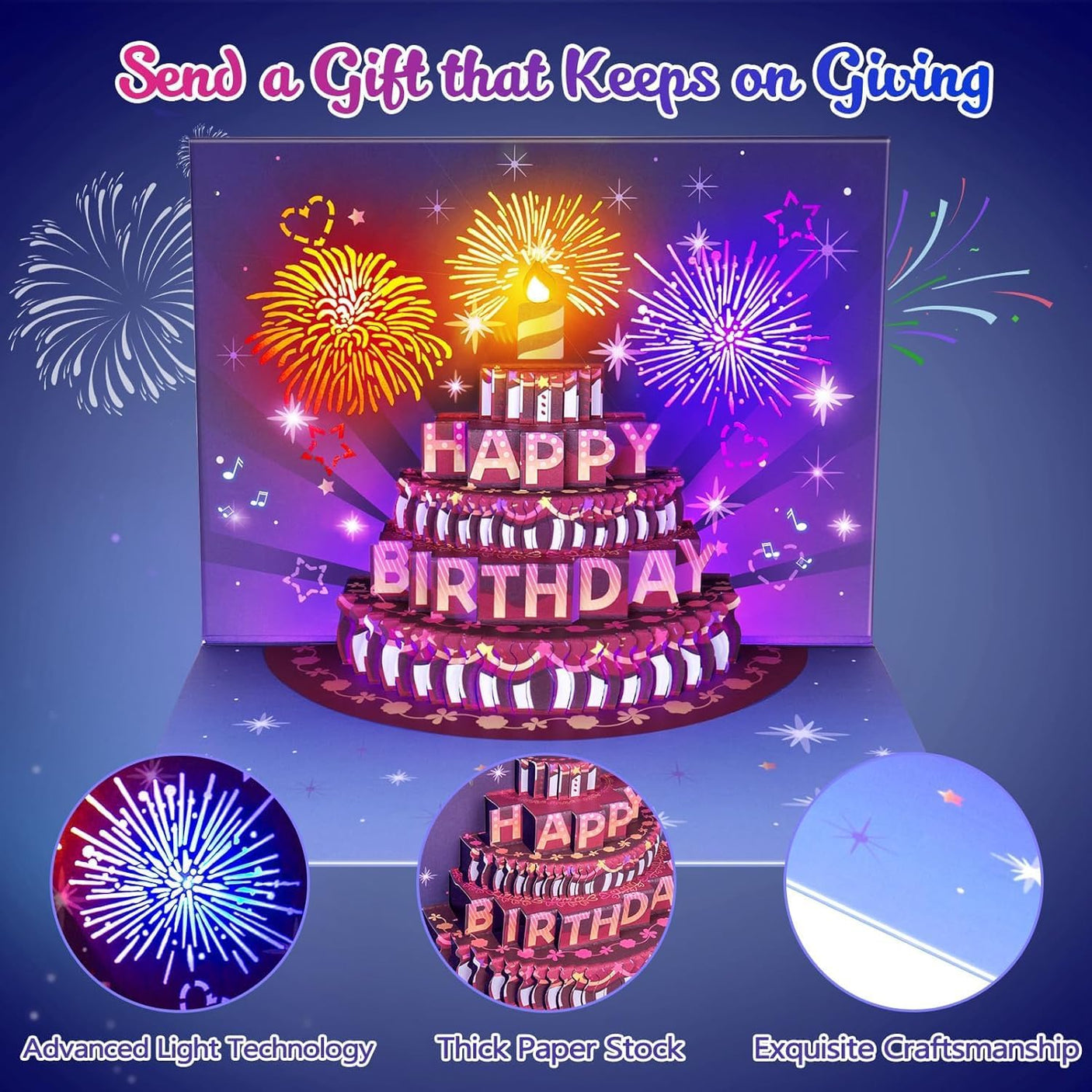 INPHER Birthday Cards Fireworks Pop Up Cake Light and Music Happy Birthday Gifts Decorations for Women, Men, Mom, Grandma - Build Your Ideas