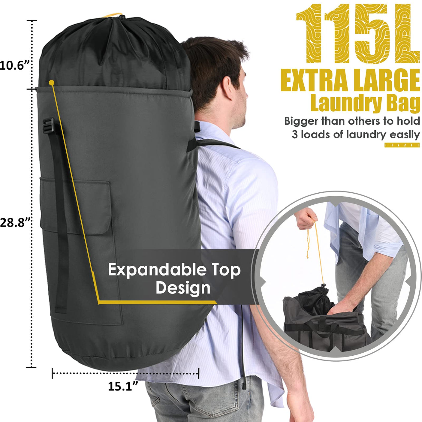 Laundry Bag Backpack Extra Large, 115L Laundry Backpack with Padded Shoulder Strap, Sturdy Travel Laundry Bags, Hanging Laundry Bag for College Dorm, Apartment, Clothes Hamper Bag for Laundromat - Build Your Ideas
