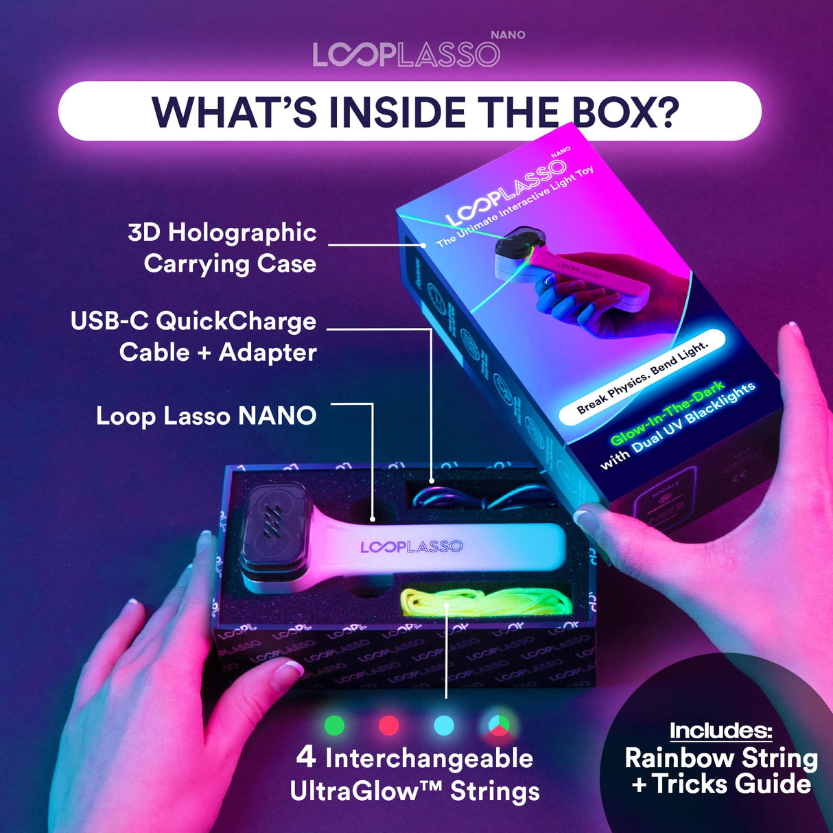 Loop Lasso® Nano - The Original Glow - in - The - Dark String Shooter Toy - Built - in UV Blacklight - Safe Interactive STEM Learning Toy - Viral Stocking Stuffer Gadget - Family Fun - Build Your Ideas