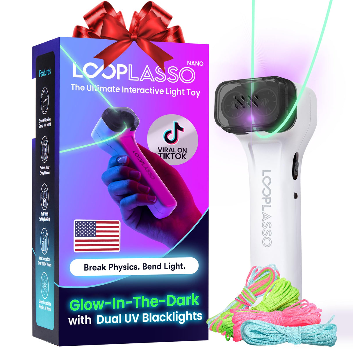 Loop Lasso® Nano - The Original Glow - in - The - Dark String Shooter Toy - Built - in UV Blacklight - Safe Interactive STEM Learning Toy - Viral Stocking Stuffer Gadget - Family Fun - Build Your Ideas