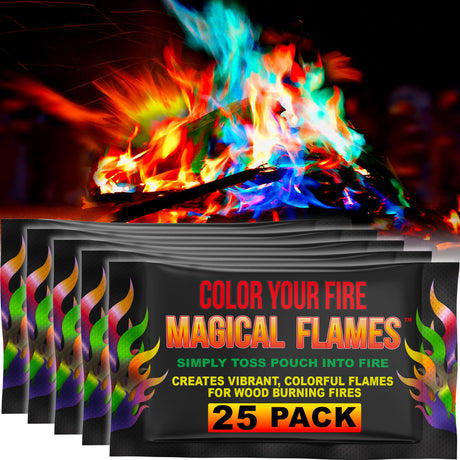 Magical Flames Fire Color Changing Packets for Fire Pit, Indoor/Outdoor Fireplace, Campfires, Bonfires - 25 Pack of Flame Color Changing Packets Camping Accessories - Build Your Ideas