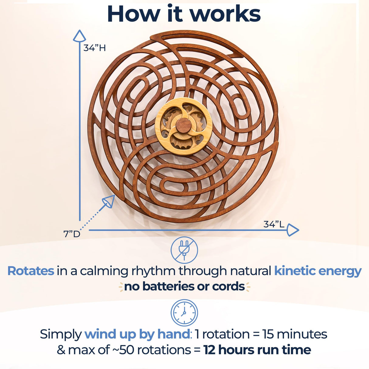 Mindsight Moving Kinetic Wall Art - Wind up to power peaceful motion (no battery) - Calming Wall Décor for Living Room, Office, Bedroom, Kitchen - Hand Crafted Wood - Ripple, Canyon Brown - Build Your Ideas