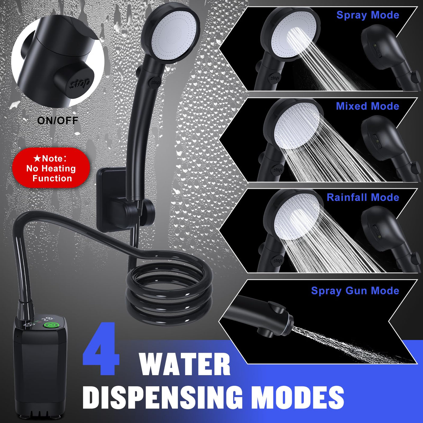 Portable Shower for Camping, [Long - Lasting] Spopal 6000mAh Rechargeable Camping Shower with Intelligent LED Display, 4 Spray Modes, IPX7 Waterproof Outdoor Camp Pump for Hiking, Travel, Car, Pet - Build Your Ideas