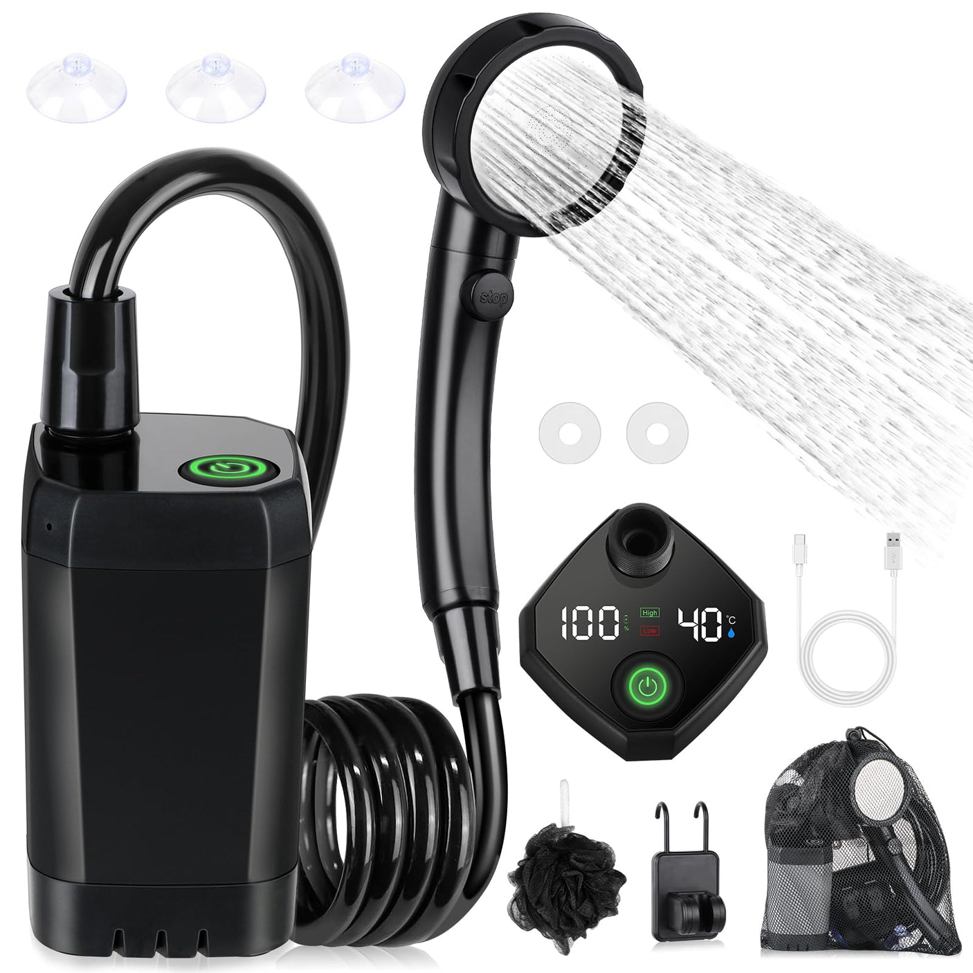 Portable Shower for Camping, [Long - Lasting] Spopal 6000mAh Rechargeable Camping Shower with Intelligent LED Display, 4 Spray Modes, IPX7 Waterproof Outdoor Camp Pump for Hiking, Travel, Car, Pet - Build Your Ideas