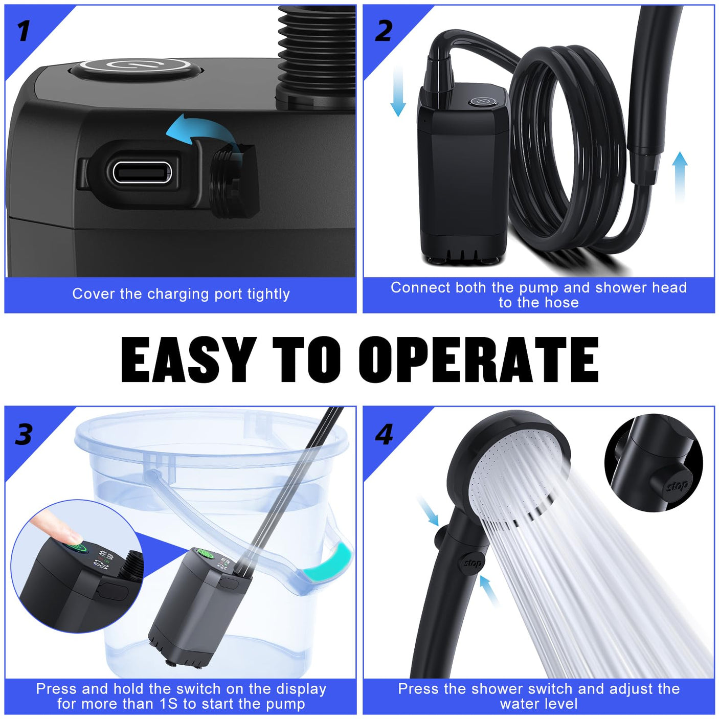 Portable Shower for Camping, [Long - Lasting] Spopal 6000mAh Rechargeable Camping Shower with Intelligent LED Display, 4 Spray Modes, IPX7 Waterproof Outdoor Camp Pump for Hiking, Travel, Car, Pet - Build Your Ideas