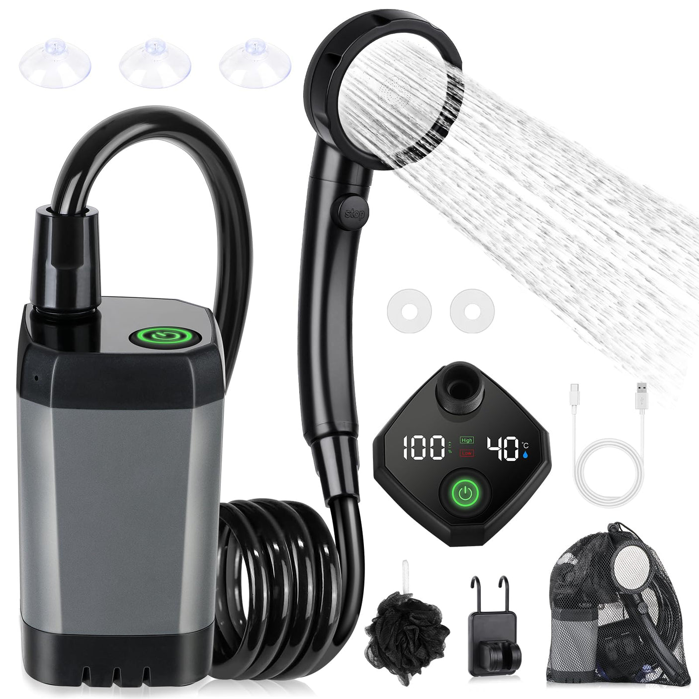 Portable Shower for Camping, [Long - Lasting] Spopal 6000mAh Rechargeable Camping Shower with Intelligent LED Display, 4 Spray Modes, IPX7 Waterproof Outdoor Camp Pump for Hiking, Travel, Car, Pet - Build Your Ideas