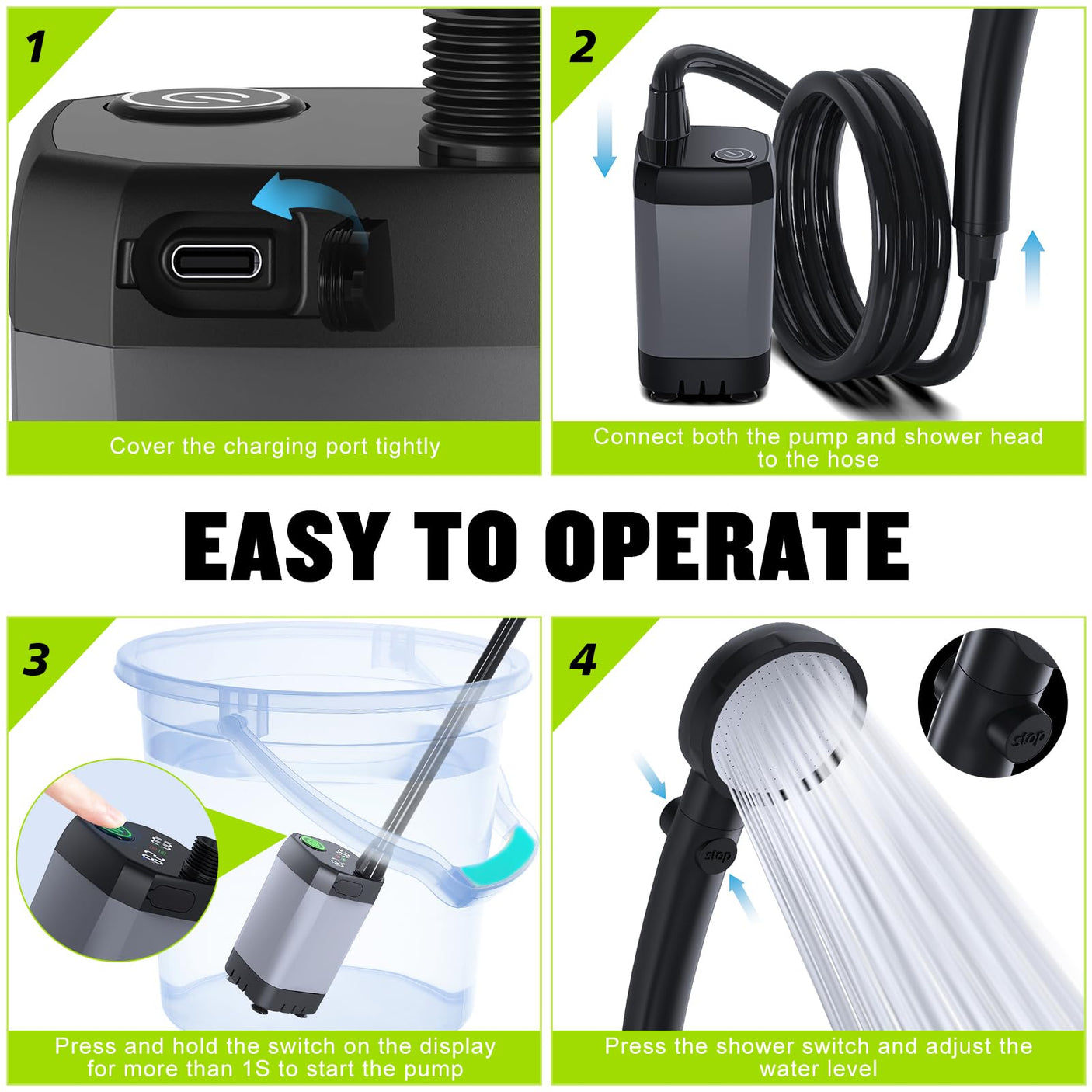 Portable Shower for Camping, [Long - Lasting] Spopal 6000mAh Rechargeable Camping Shower with Intelligent LED Display, 4 Spray Modes, IPX7 Waterproof Outdoor Camp Pump for Hiking, Travel, Car, Pet - Build Your Ideas