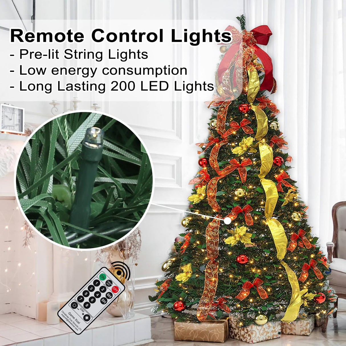 Pre - lit Christmas Tree - 6.5 Ft Fully Decorated Pull Up Christmas Tree with Remote, 200 LED Lights, Ornaments, Red&Gold Ribbon, Bows, Easy Assemble Collapsible Xmas Trees Holiday Party Decor - Build Your Ideas