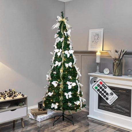 Pre - lit Christmas Tree - 6.5 Ft Fully Decorated Pull Up Christmas Tree with Remote, 200 LED Lights, Ornaments, Red&Gold Ribbon, Bows, Easy Assemble Collapsible Xmas Trees Holiday Party Decor - Build Your Ideas