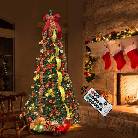 Pre - lit Christmas Tree - 6.5 Ft Fully Decorated Pull Up Christmas Tree with Remote, 200 LED Lights, Ornaments, Red&Gold Ribbon, Bows, Easy Assemble Collapsible Xmas Trees Holiday Party Decor - Build Your Ideas