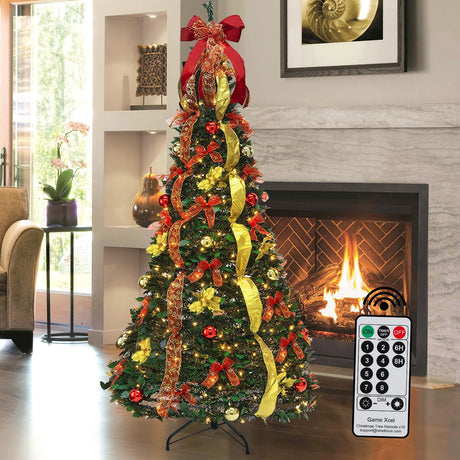 Pre - lit Christmas Tree - 6.5 Ft Fully Decorated Pull Up Christmas Tree with Remote, 200 LED Lights, Ornaments, Red&Gold Ribbon, Bows, Easy Assemble Collapsible Xmas Trees Holiday Party Decor - Build Your Ideas
