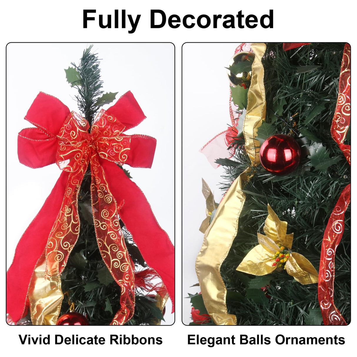 Pre - lit Christmas Tree - 6.5 Ft Fully Decorated Pull Up Christmas Tree with Remote, 200 LED Lights, Ornaments, Red&Gold Ribbon, Bows, Easy Assemble Collapsible Xmas Trees Holiday Party Decor - Build Your Ideas