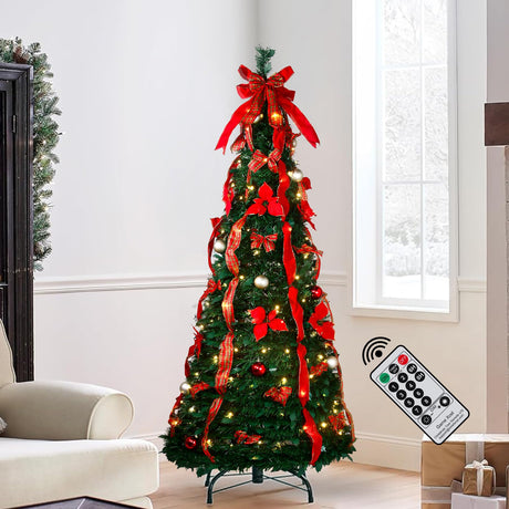 Pre - lit Christmas Tree - 6.5 Ft Fully Decorated Pull Up Christmas Tree with Remote, 200 LED Lights, Ornaments, Red&Gold Ribbon, Bows, Easy Assemble Collapsible Xmas Trees Holiday Party Decor - Build Your Ideas