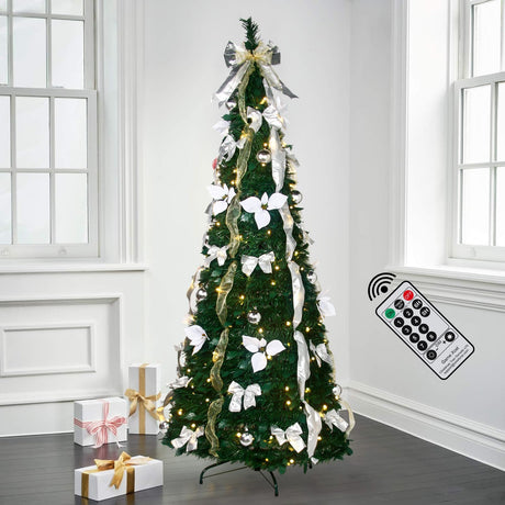 Pre - lit Christmas Tree - 6.5 Ft Fully Decorated Pull Up Christmas Tree with Remote, 200 LED Lights, Ornaments, Red&Gold Ribbon, Bows, Easy Assemble Collapsible Xmas Trees Holiday Party Decor - Build Your Ideas