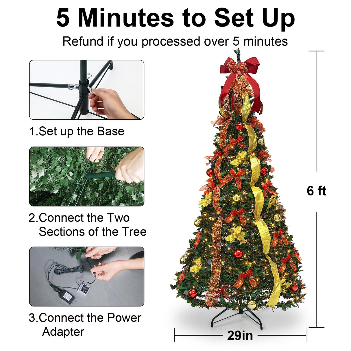 Pre - lit Christmas Tree - 6.5 Ft Fully Decorated Pull Up Christmas Tree with Remote, 200 LED Lights, Ornaments, Red&Gold Ribbon, Bows, Easy Assemble Collapsible Xmas Trees Holiday Party Decor - Build Your Ideas