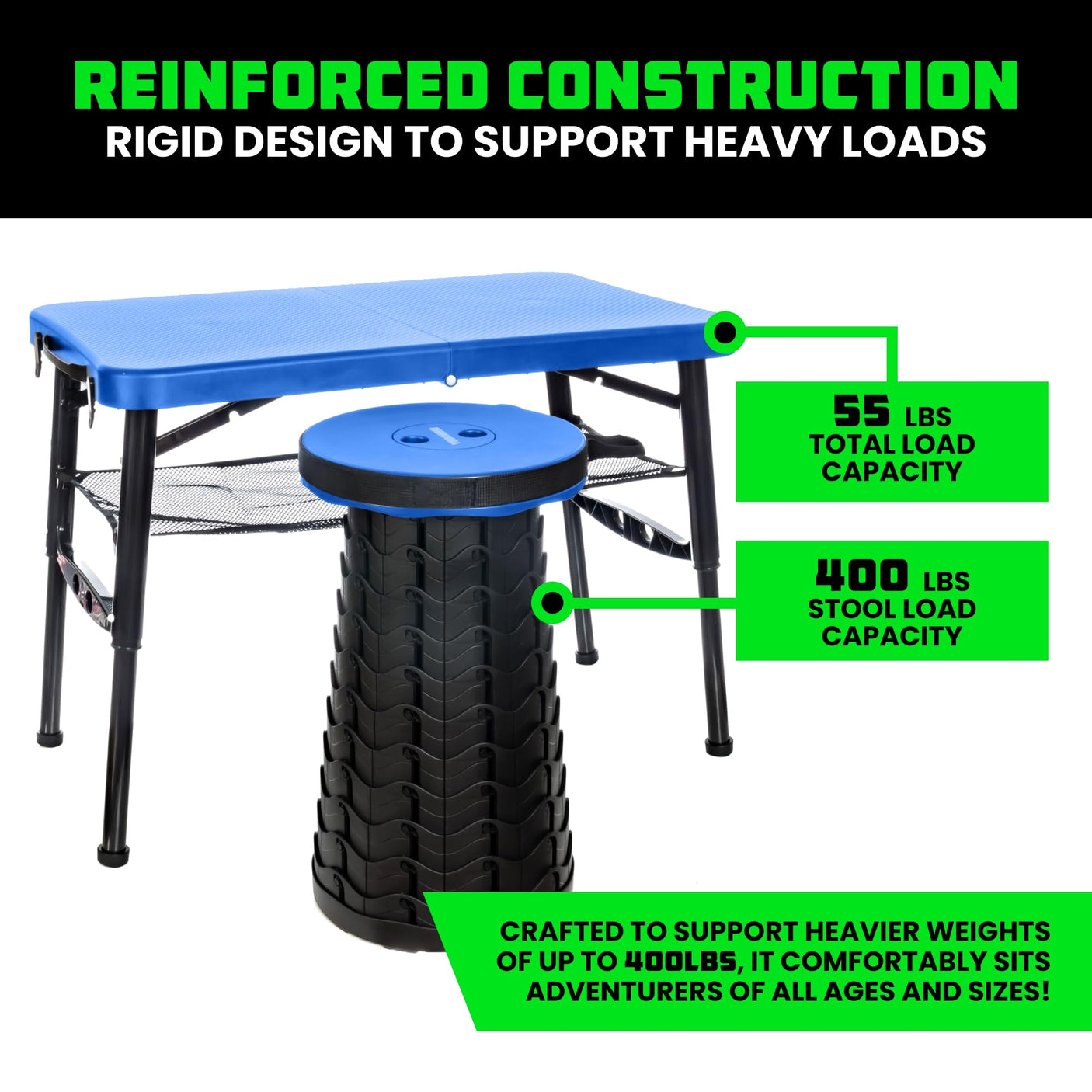 Rhino USA Portable Camping Table and Stool Set - Lightweight Foldable Camp Tables with Net for Beach Trips, Fishing, Picnic, Cooking & Much More (Black) - Build Your Ideas