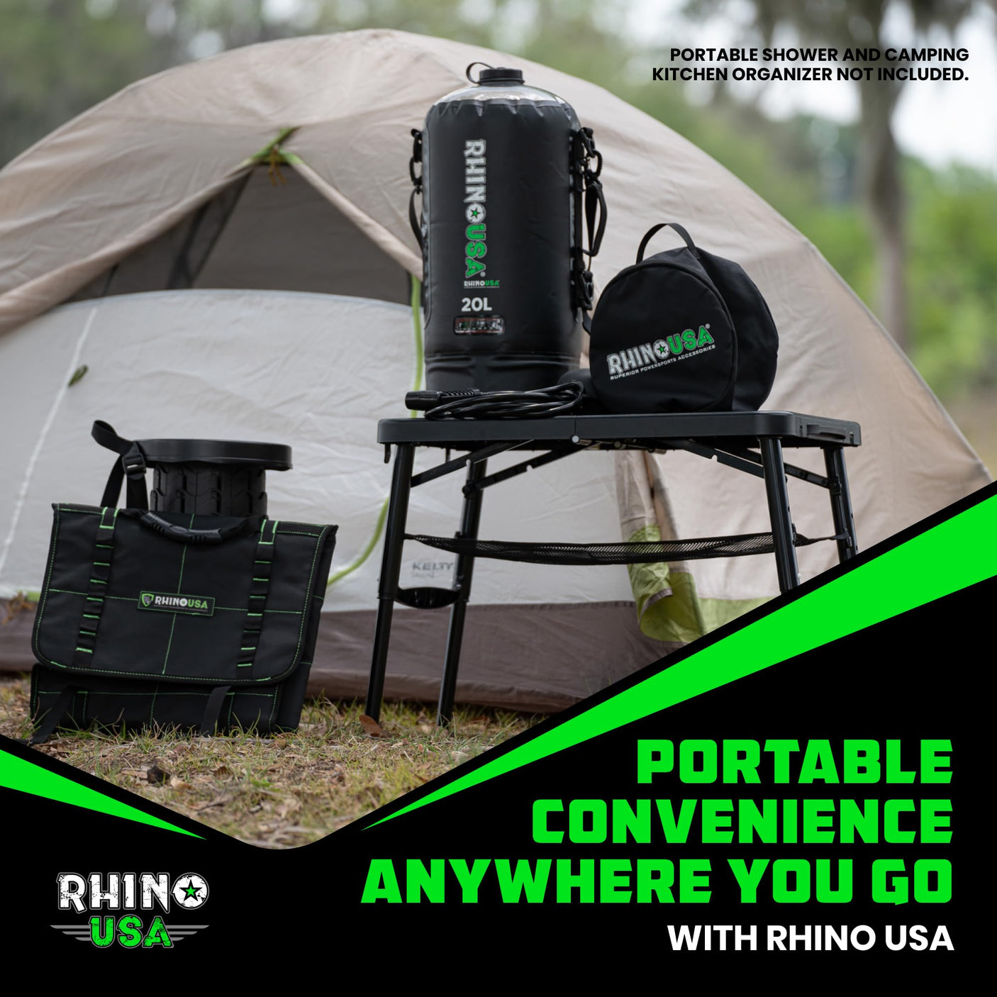 Rhino USA Portable Camping Table and Stool Set - Lightweight Foldable Camp Tables with Net for Beach Trips, Fishing, Picnic, Cooking & Much More (Black) - Build Your Ideas