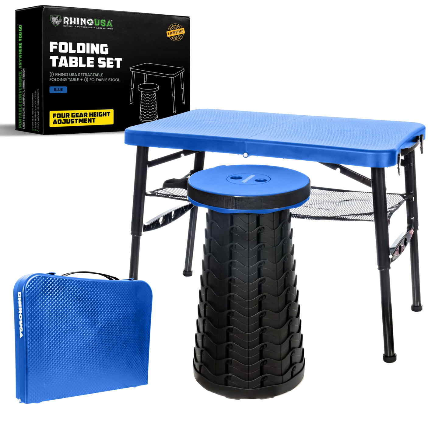 Rhino USA Portable Camping Table and Stool Set - Lightweight Foldable Camp Tables with Net for Beach Trips, Fishing, Picnic, Cooking & Much More (Black) - Build Your Ideas