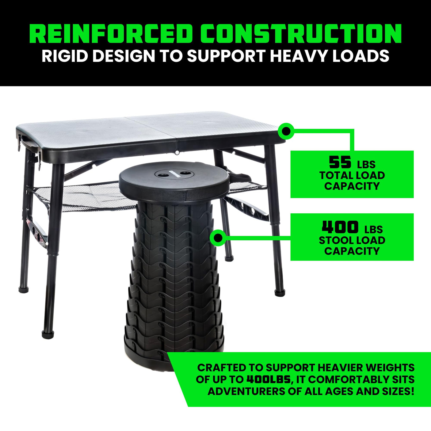 Rhino USA Portable Camping Table and Stool Set - Lightweight Foldable Camp Tables with Net for Beach Trips, Fishing, Picnic, Cooking & Much More (Black) - Build Your Ideas