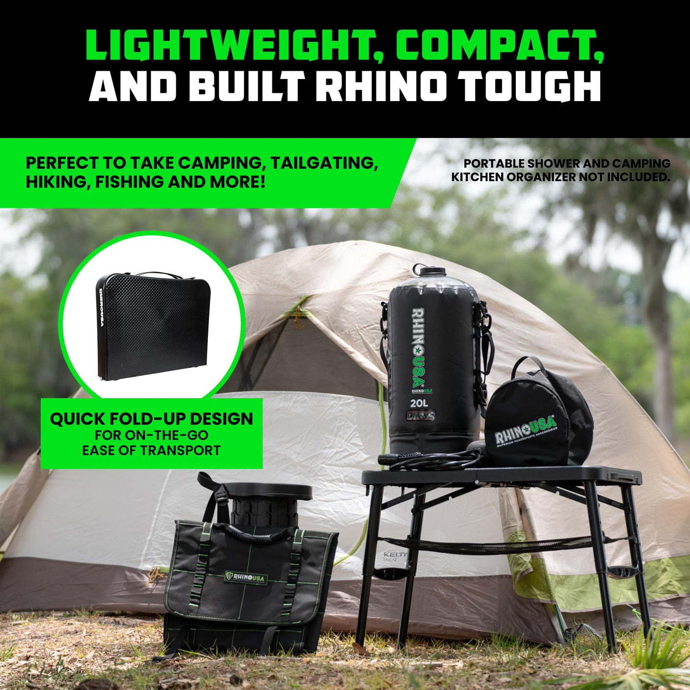 Rhino USA Portable Camping Table and Stool Set - Lightweight Foldable Camp Tables with Net for Beach Trips, Fishing, Picnic, Cooking & Much More (Black) - Build Your Ideas