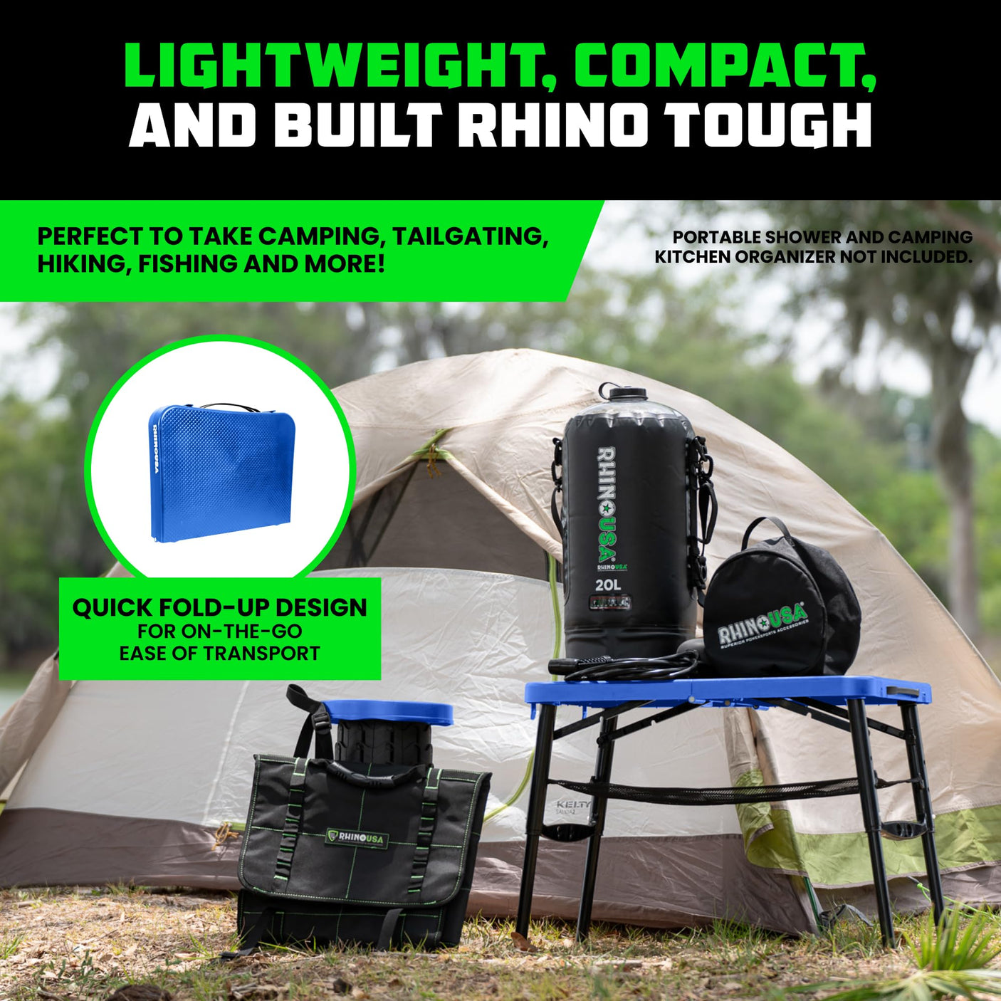 Rhino USA Portable Camping Table and Stool Set - Lightweight Foldable Camp Tables with Net for Beach Trips, Fishing, Picnic, Cooking & Much More (Black) - Build Your Ideas