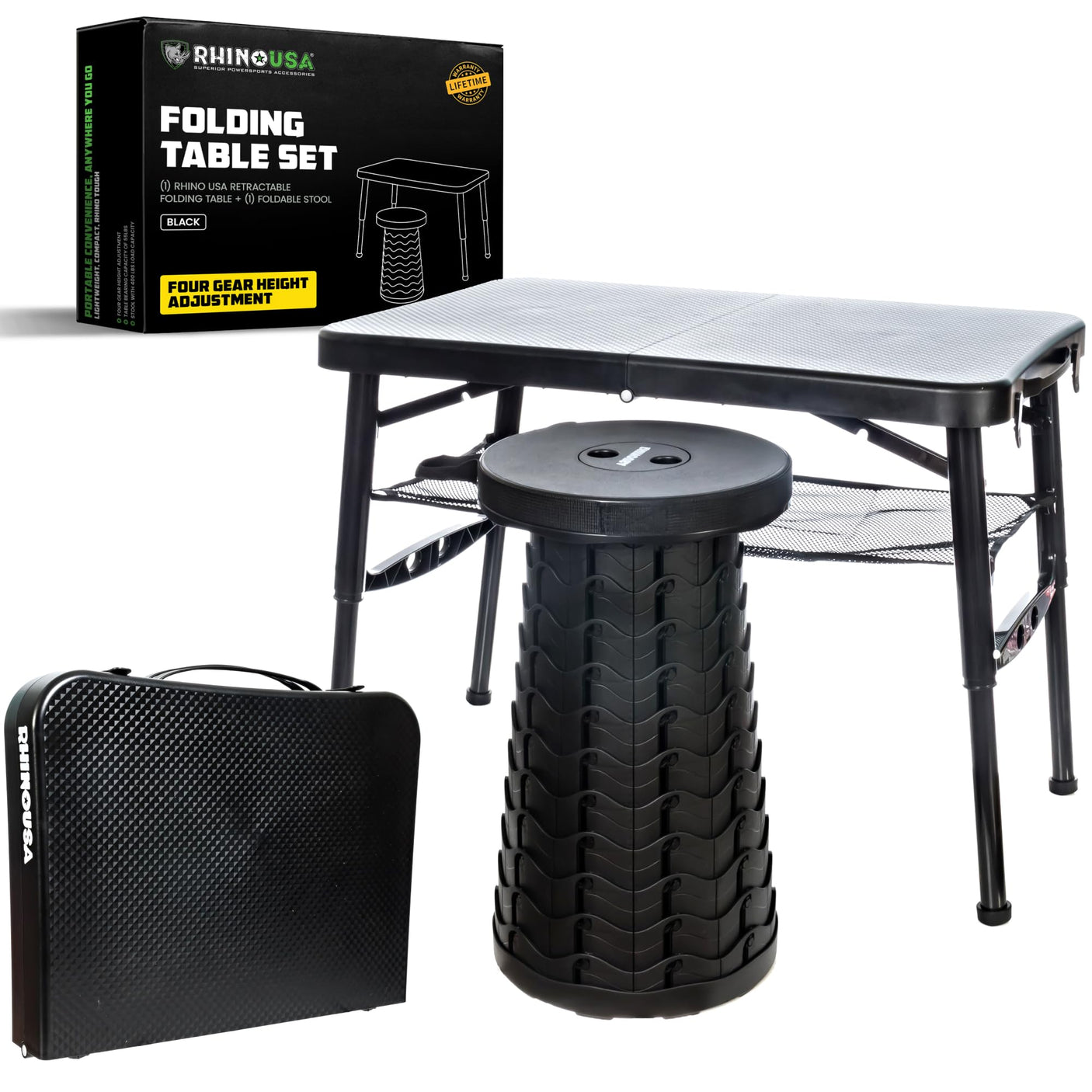 Rhino USA Portable Camping Table and Stool Set - Lightweight Foldable Camp Tables with Net for Beach Trips, Fishing, Picnic, Cooking & Much More (Black) - Build Your Ideas