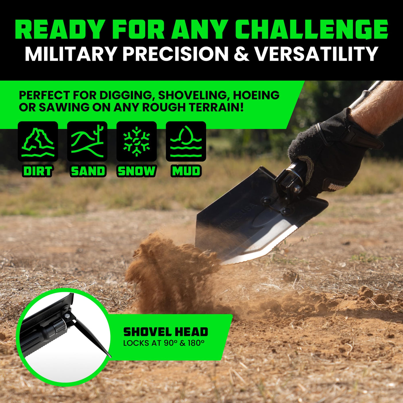 Rhino USA Survival Shovel w/Pick - Heavy Duty Carbon Steel Military Style Entrenching Tool for Off Road, Camping, Gardening, Beach, Digging Dirt, Sand, Mud & Snow. (Recovery Shovel) - Build Your Ideas