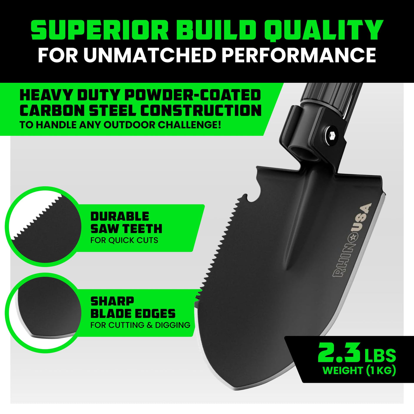 Rhino USA Survival Shovel w/Pick - Heavy Duty Carbon Steel Military Style Entrenching Tool for Off Road, Camping, Gardening, Beach, Digging Dirt, Sand, Mud & Snow. (Recovery Shovel) - Build Your Ideas
