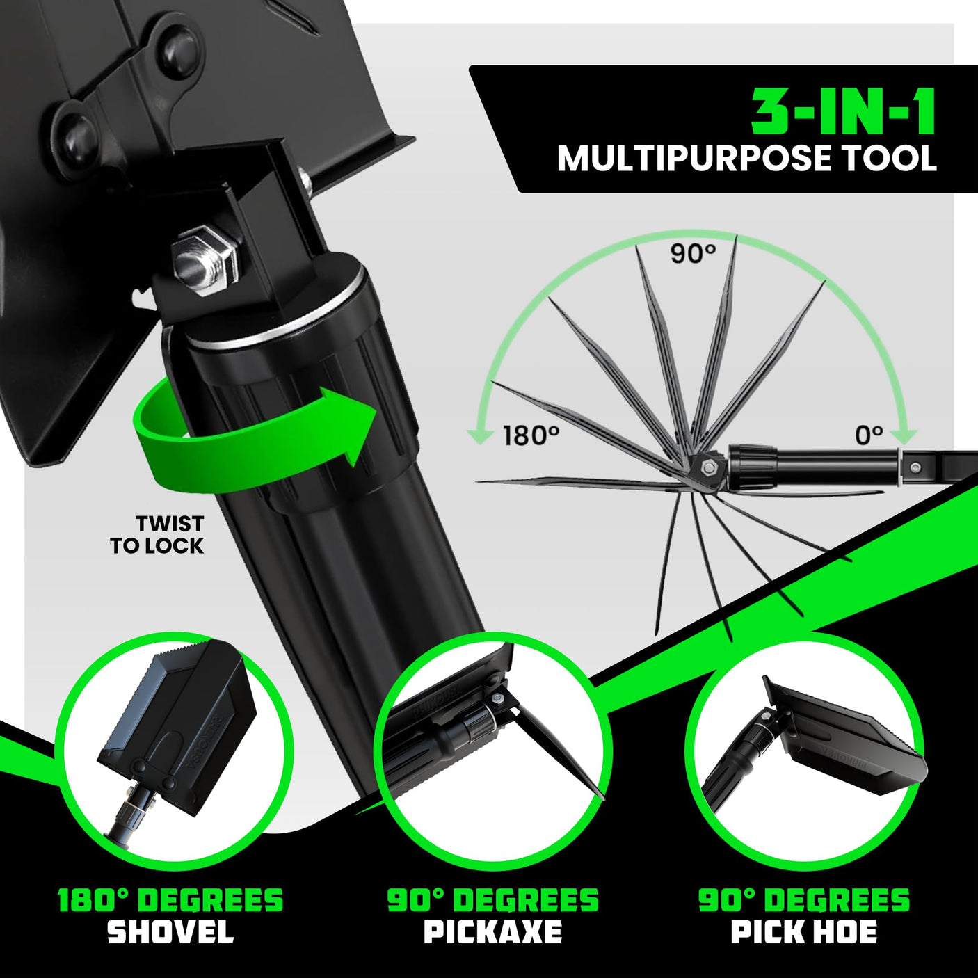 Rhino USA Survival Shovel w/Pick - Heavy Duty Carbon Steel Military Style Entrenching Tool for Off Road, Camping, Gardening, Beach, Digging Dirt, Sand, Mud & Snow. (Recovery Shovel) - Build Your Ideas