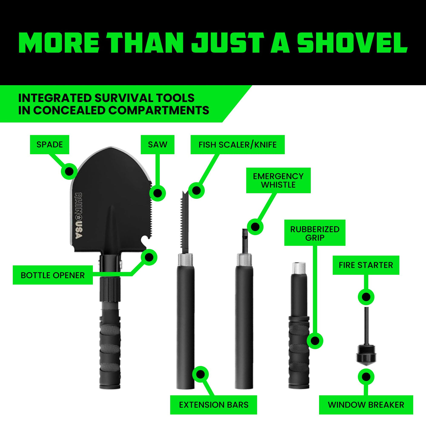 Rhino USA Survival Shovel w/Pick - Heavy Duty Carbon Steel Military Style Entrenching Tool for Off Road, Camping, Gardening, Beach, Digging Dirt, Sand, Mud & Snow. (Recovery Shovel) - Build Your Ideas