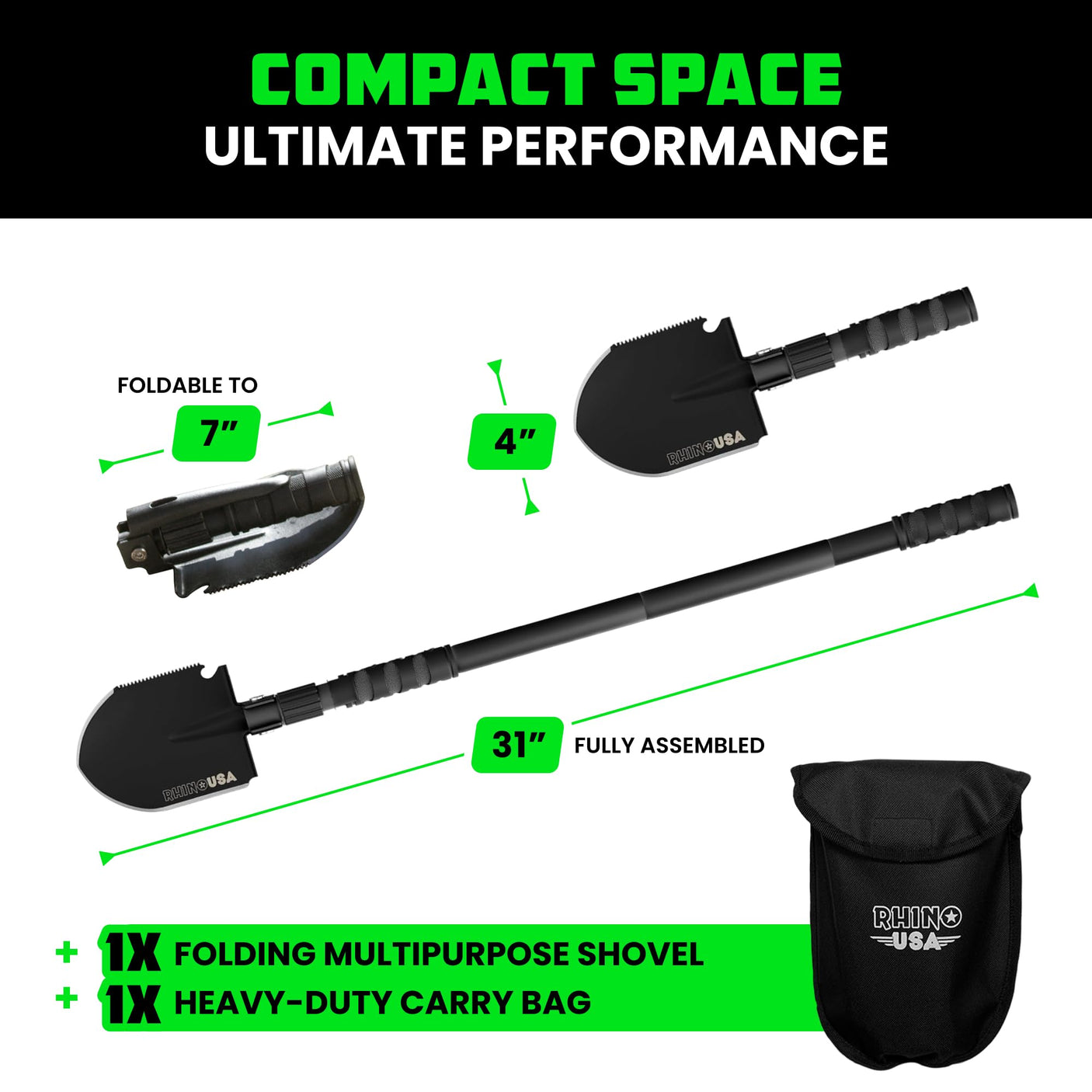 Rhino USA Survival Shovel w/Pick - Heavy Duty Carbon Steel Military Style Entrenching Tool for Off Road, Camping, Gardening, Beach, Digging Dirt, Sand, Mud & Snow. (Recovery Shovel) - Build Your Ideas