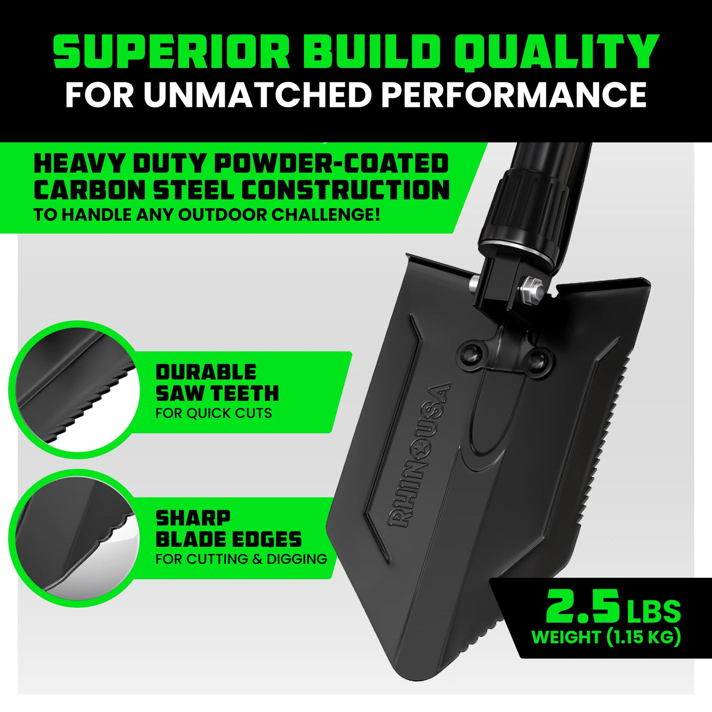 Rhino USA Survival Shovel w/Pick - Heavy Duty Carbon Steel Military Style Entrenching Tool for Off Road, Camping, Gardening, Beach, Digging Dirt, Sand, Mud & Snow. (Recovery Shovel) - Build Your Ideas