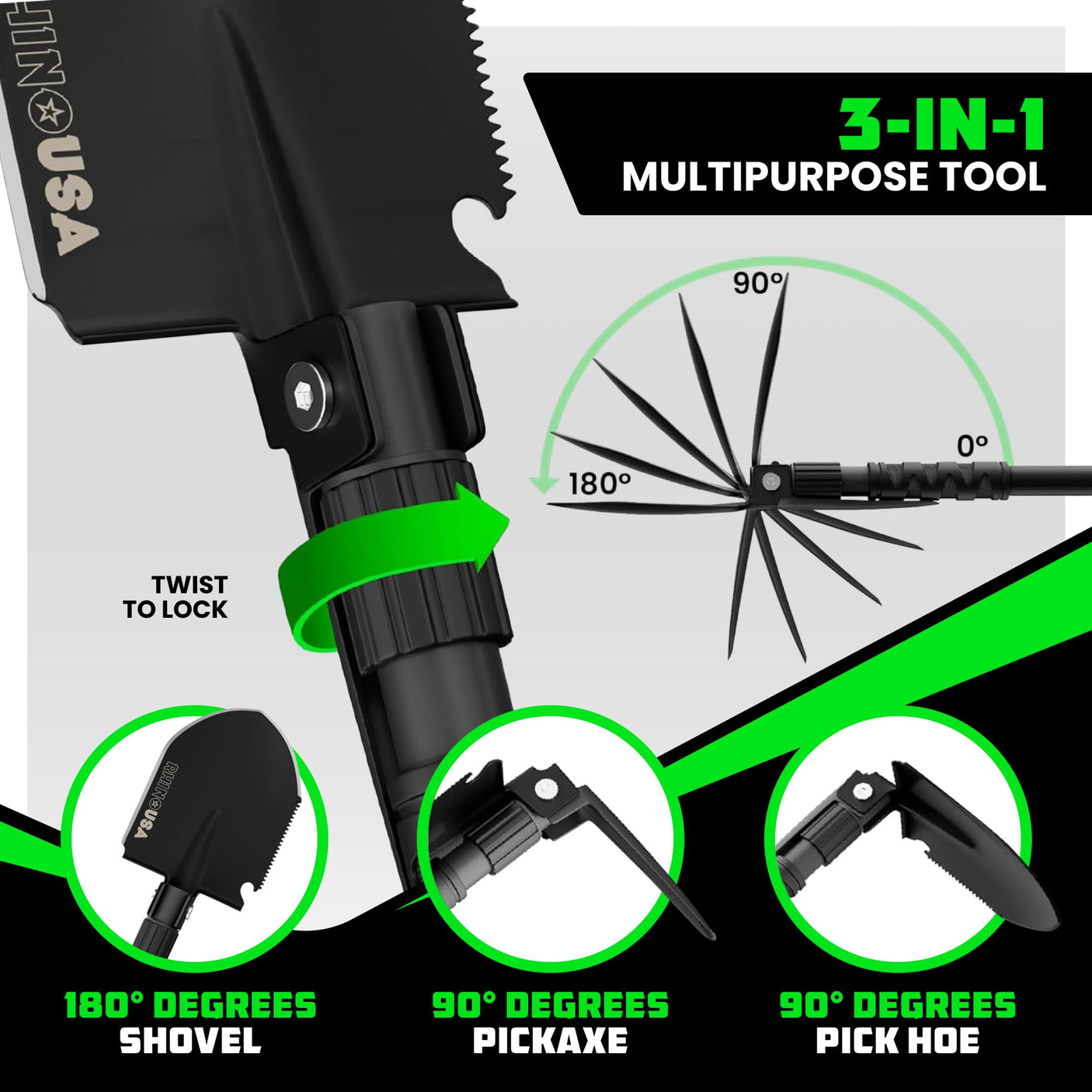 Rhino USA Survival Shovel w/Pick - Heavy Duty Carbon Steel Military Style Entrenching Tool for Off Road, Camping, Gardening, Beach, Digging Dirt, Sand, Mud & Snow. (Recovery Shovel) - Build Your Ideas