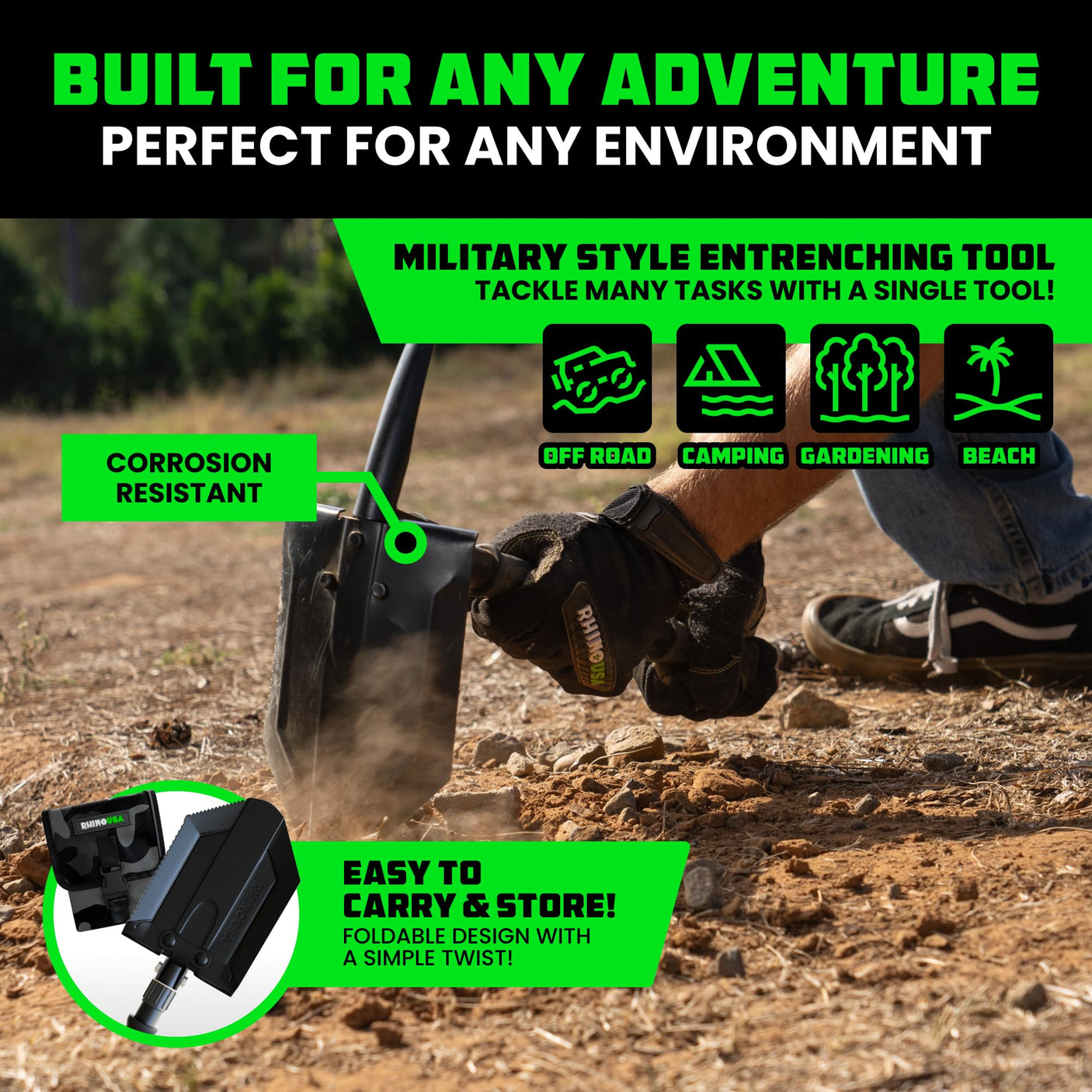 Rhino USA Survival Shovel w/Pick - Heavy Duty Carbon Steel Military Style Entrenching Tool for Off Road, Camping, Gardening, Beach, Digging Dirt, Sand, Mud & Snow. (Recovery Shovel) - Build Your Ideas