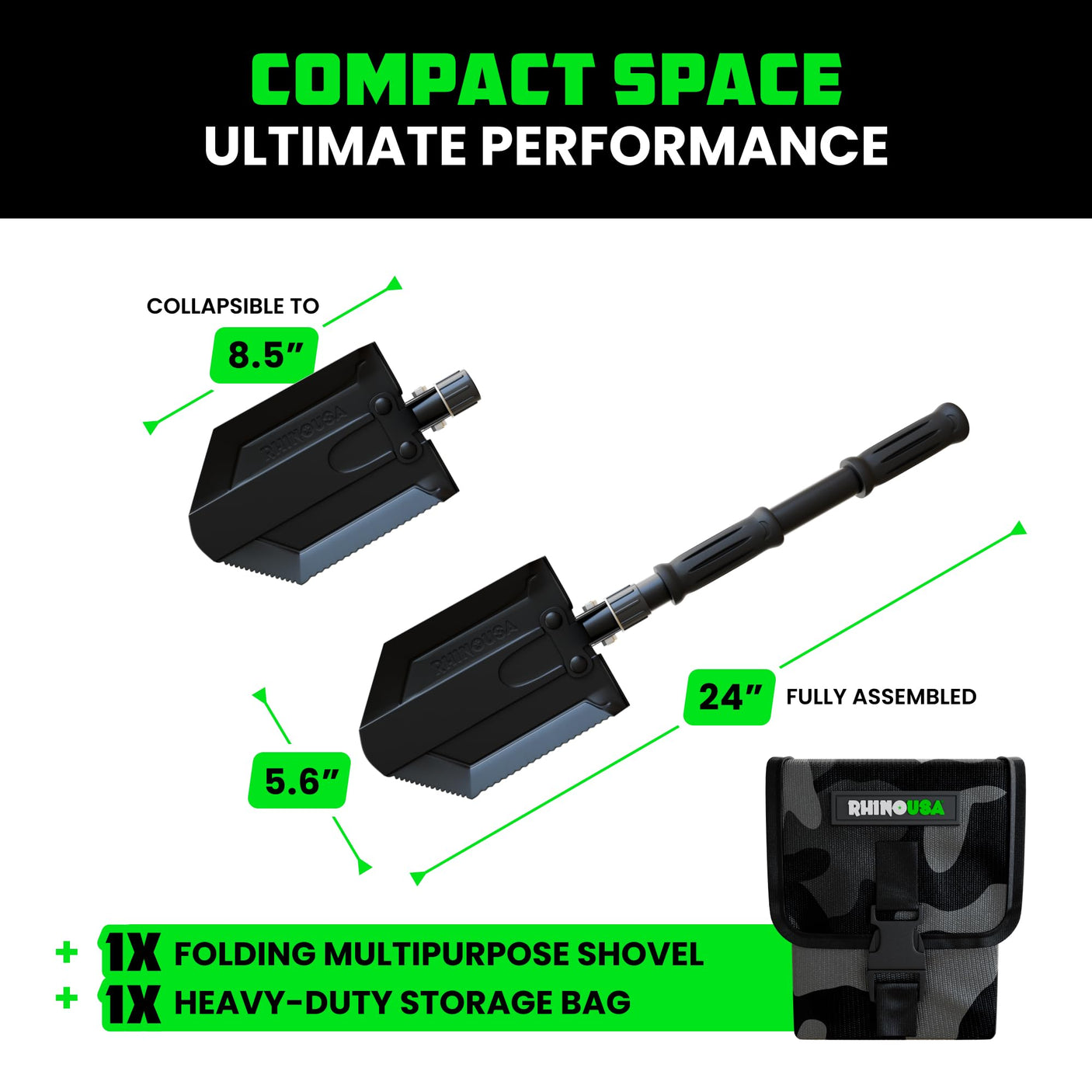 Rhino USA Survival Shovel w/Pick - Heavy Duty Carbon Steel Military Style Entrenching Tool for Off Road, Camping, Gardening, Beach, Digging Dirt, Sand, Mud & Snow. (Recovery Shovel) - Build Your Ideas