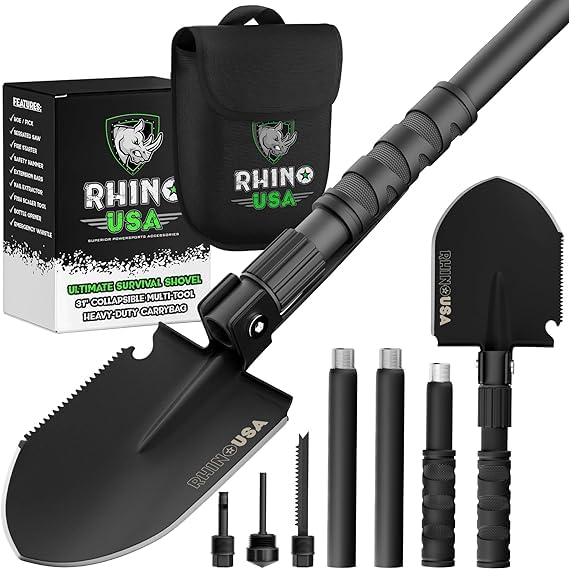 Rhino USA Survival Shovel w/Pick - Heavy Duty Carbon Steel Military Style Entrenching Tool for Off Road, Camping, Gardening, Beach, Digging Dirt, Sand, Mud & Snow. (Recovery Shovel) - Build Your Ideas