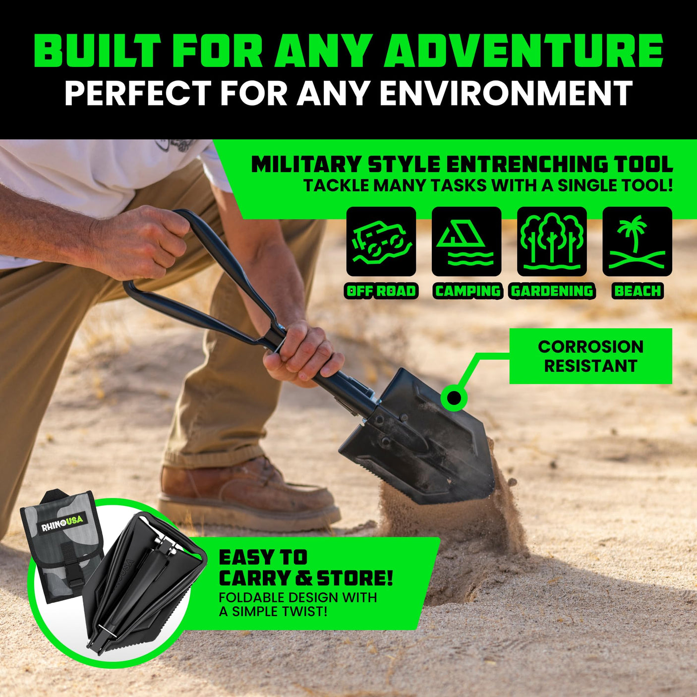 Rhino USA Survival Shovel w/Pick - Heavy Duty Carbon Steel Military Style Entrenching Tool for Off Road, Camping, Gardening, Beach, Digging Dirt, Sand, Mud & Snow. (Recovery Shovel) - Build Your Ideas