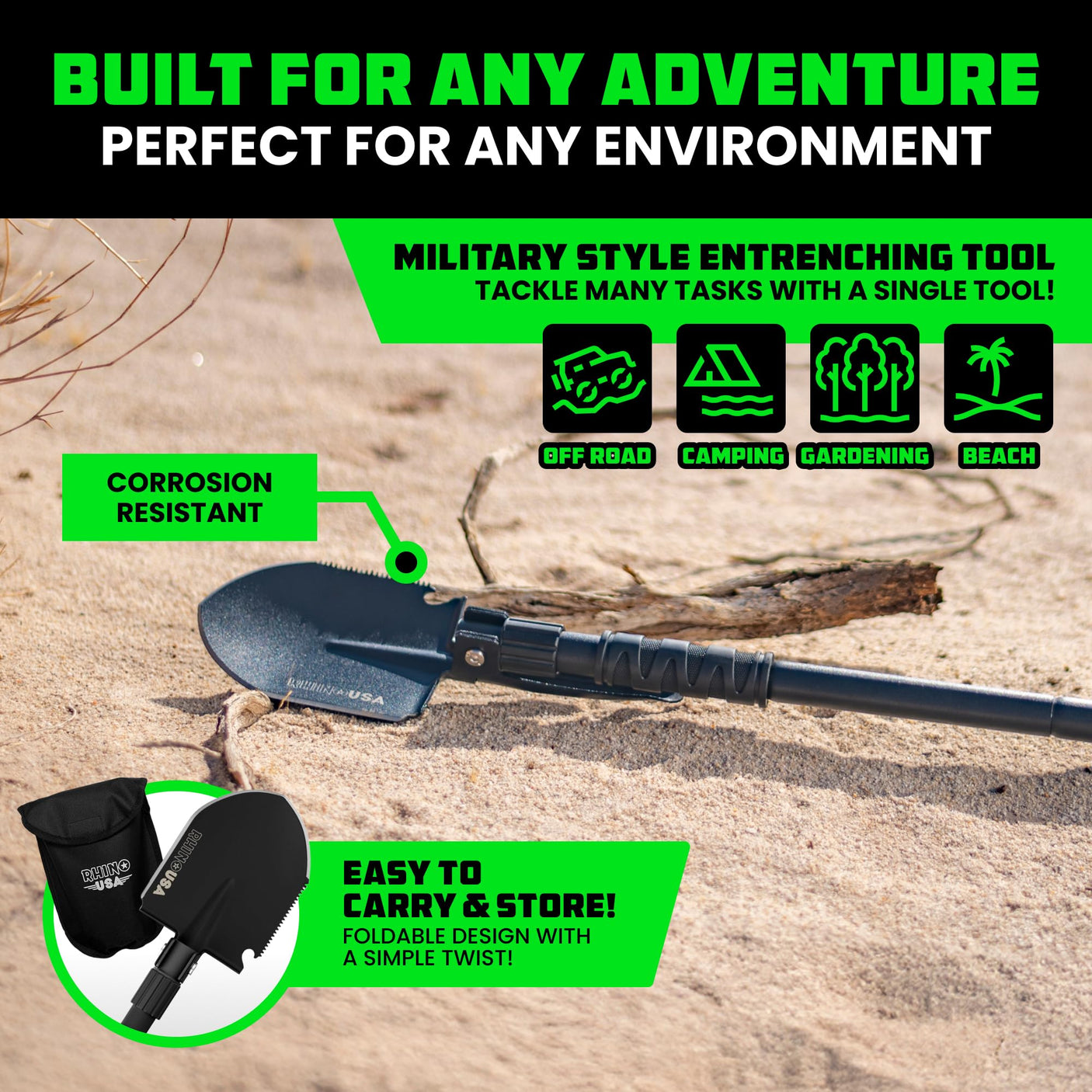 Rhino USA Survival Shovel w/Pick - Heavy Duty Carbon Steel Military Style Entrenching Tool for Off Road, Camping, Gardening, Beach, Digging Dirt, Sand, Mud & Snow. (Recovery Shovel) - Build Your Ideas