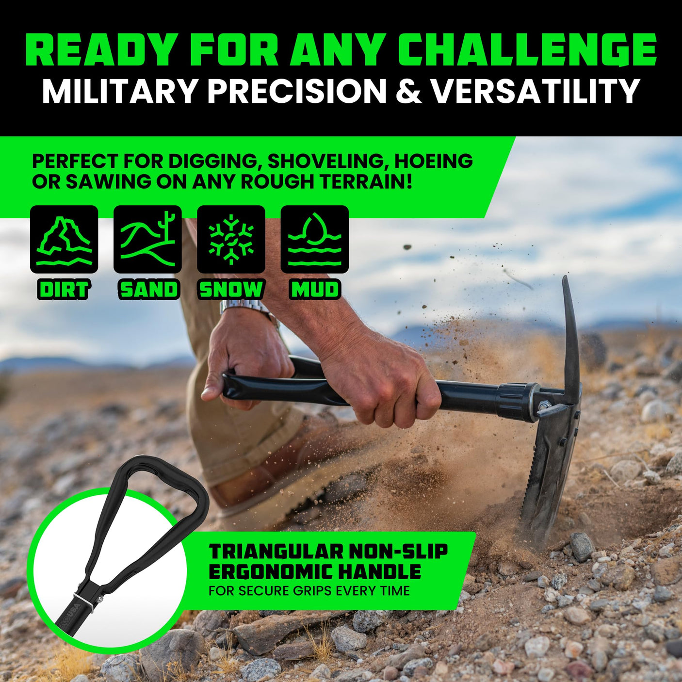 Rhino USA Survival Shovel w/Pick - Heavy Duty Carbon Steel Military Style Entrenching Tool for Off Road, Camping, Gardening, Beach, Digging Dirt, Sand, Mud & Snow. (Recovery Shovel) - Build Your Ideas