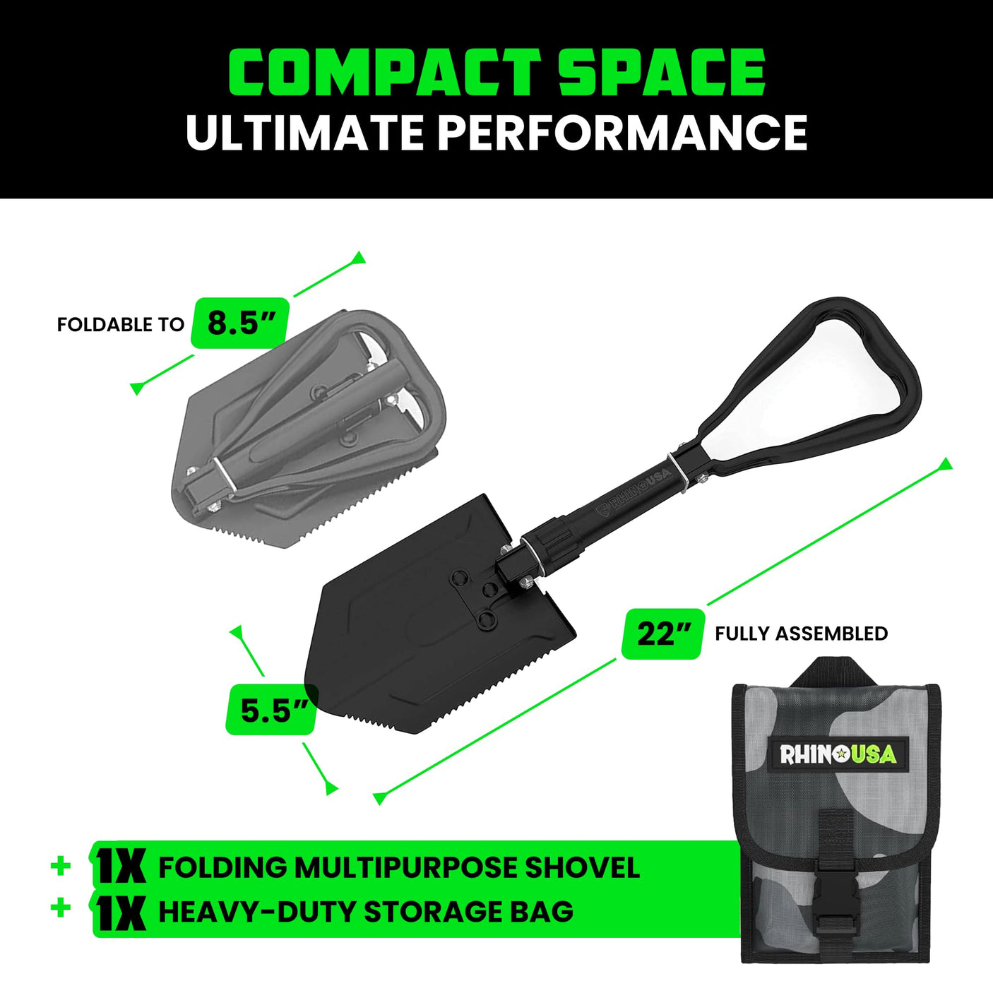 Rhino USA Survival Shovel w/Pick - Heavy Duty Carbon Steel Military Style Entrenching Tool for Off Road, Camping, Gardening, Beach, Digging Dirt, Sand, Mud & Snow. (Recovery Shovel) - Build Your Ideas