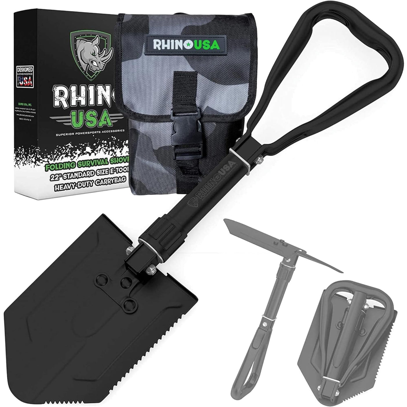 Rhino USA Survival Shovel w/Pick - Heavy Duty Carbon Steel Military Style Entrenching Tool for Off Road, Camping, Gardening, Beach, Digging Dirt, Sand, Mud & Snow. (Recovery Shovel) - Build Your Ideas
