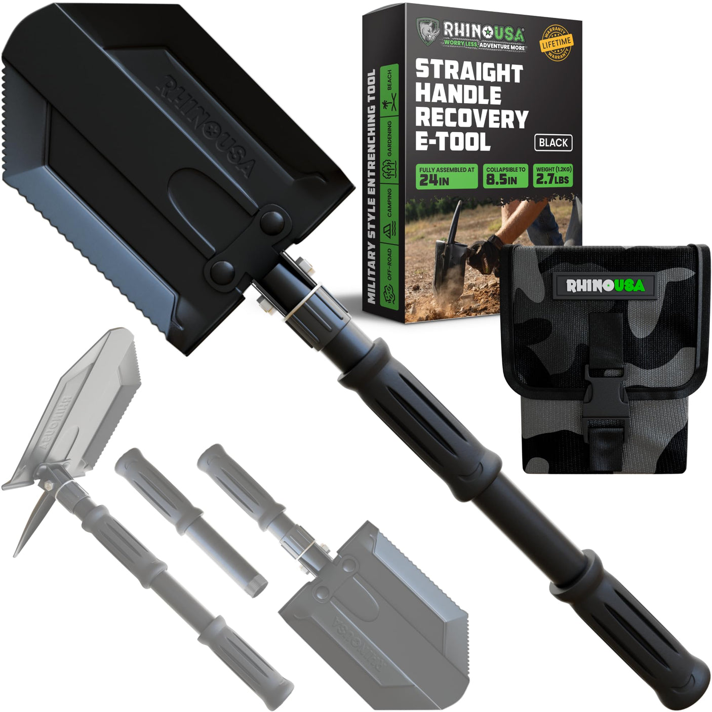 Rhino USA Survival Shovel w/Pick - Heavy Duty Carbon Steel Military Style Entrenching Tool for Off Road, Camping, Gardening, Beach, Digging Dirt, Sand, Mud & Snow. (Recovery Shovel) - Build Your Ideas