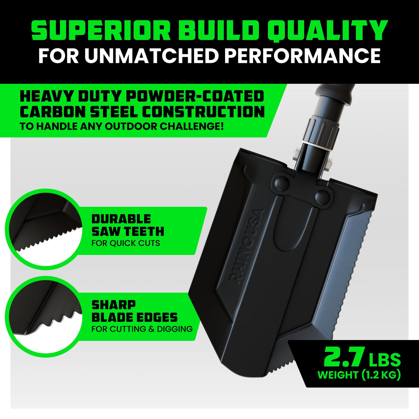 Rhino USA Survival Shovel w/Pick - Heavy Duty Carbon Steel Military Style Entrenching Tool for Off Road, Camping, Gardening, Beach, Digging Dirt, Sand, Mud & Snow. (Recovery Shovel) - Build Your Ideas