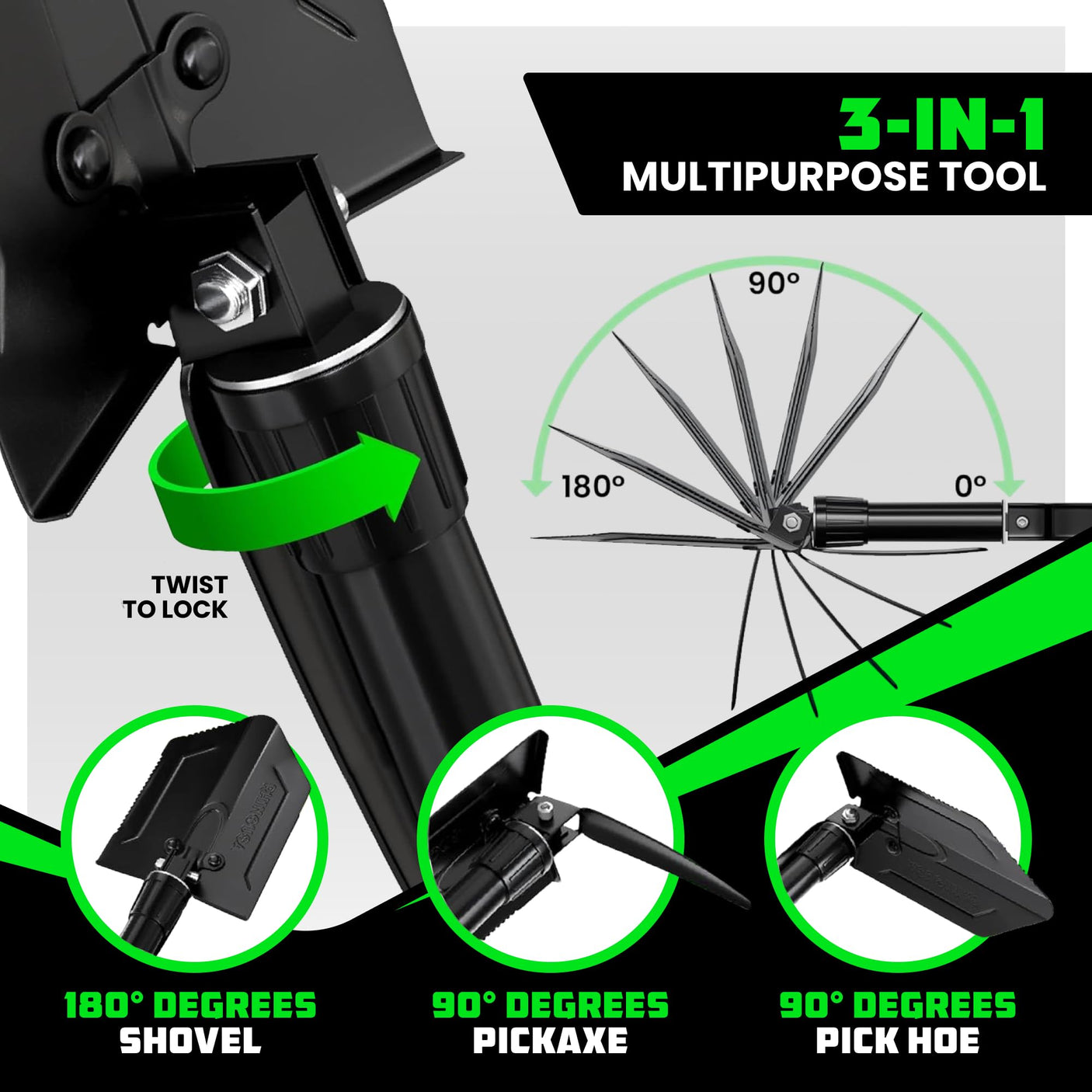 Rhino USA Survival Shovel w/Pick - Heavy Duty Carbon Steel Military Style Entrenching Tool for Off Road, Camping, Gardening, Beach, Digging Dirt, Sand, Mud & Snow. (Recovery Shovel) - Build Your Ideas
