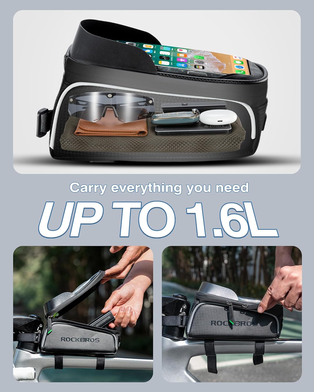 ROCKBROS Bike/Bicycle Phone Front Frame Bag, Waterproof, Tube Bag,Cycling Pouch, Bike Accessories for Men Compatible Phone Under 6.5” - Build Your Ideas