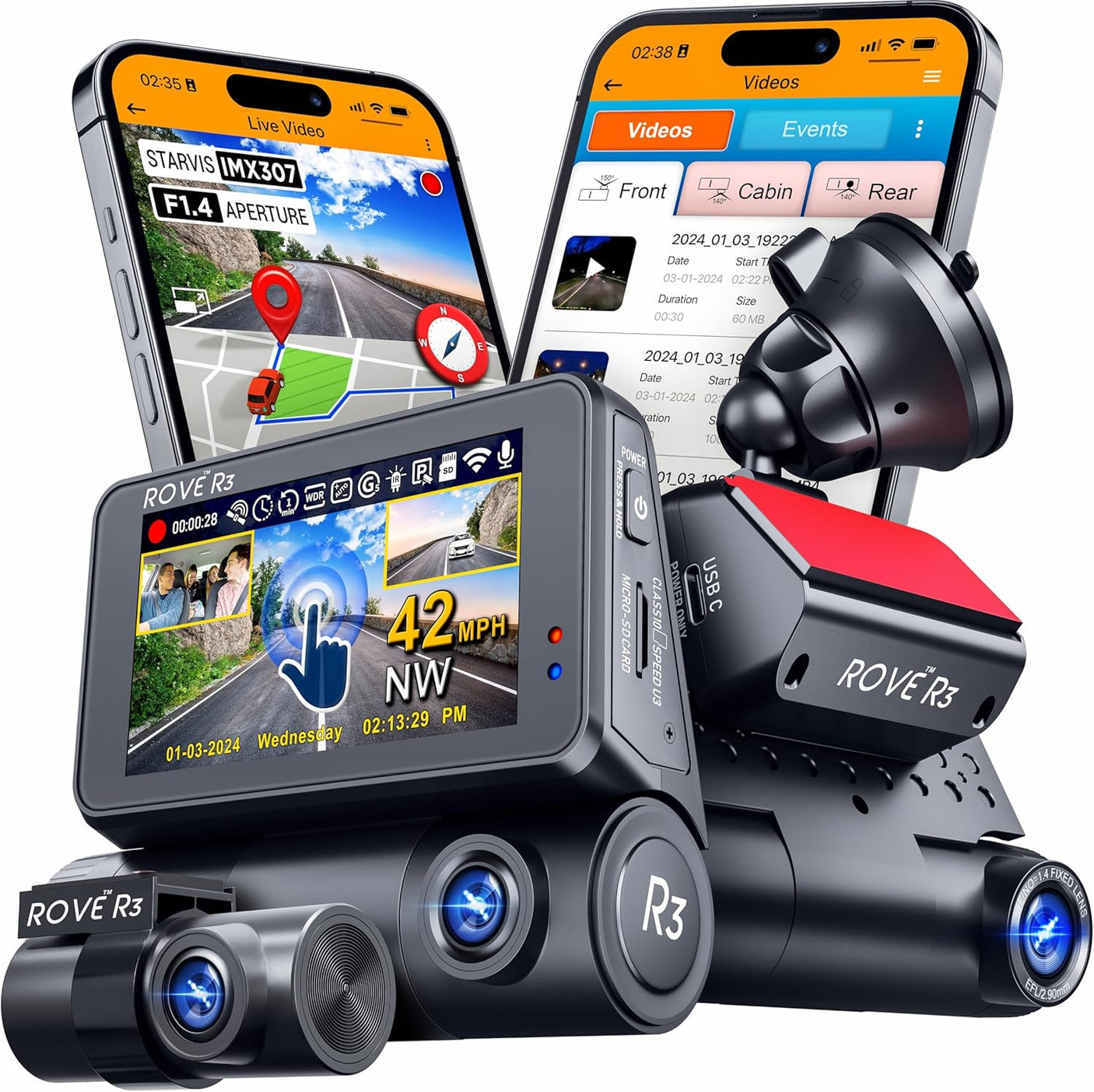 ROVE R3 Dash Cam Front and Rear with Cabin, 3” IPS Touch Screen, 3 Channel Dash Cam 1440P+1080P+1080P Car Camera with IR Night Vision, 5G WiFi, GPS, Supercapacitor, Supports up to 512GB Max - Build Your Ideas