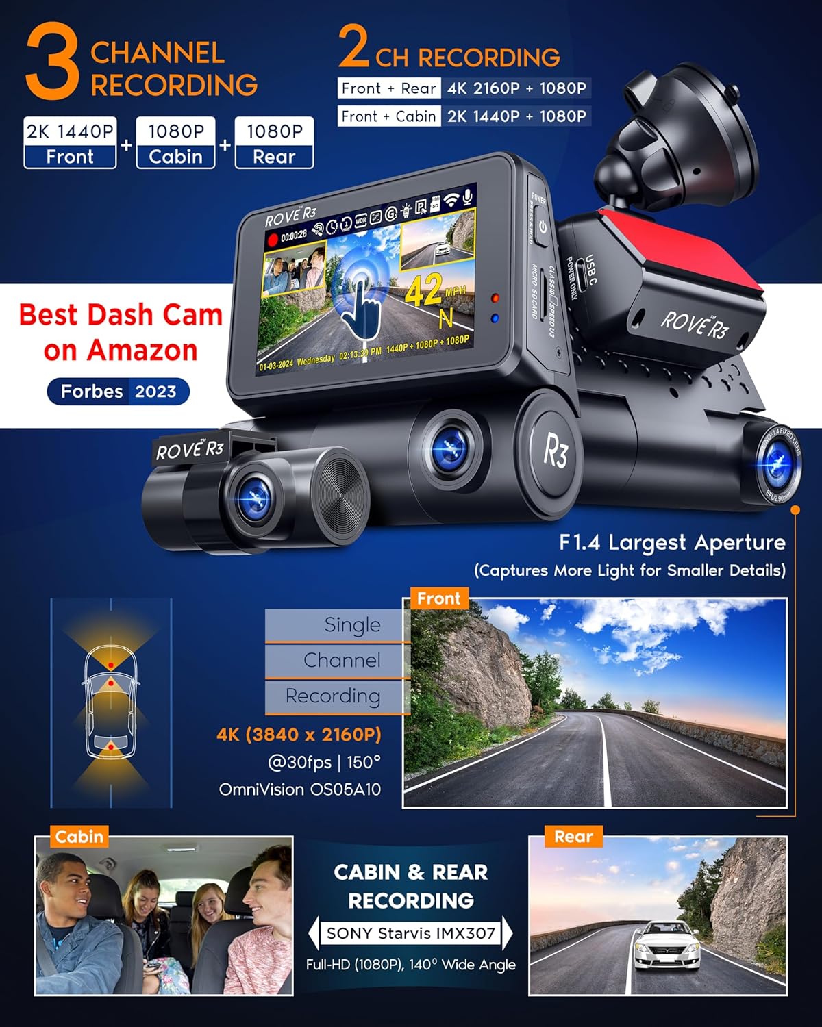 ROVE R3 Dash Cam Front and Rear with Cabin, 3” IPS Touch Screen, 3 Channel Dash Cam 1440P+1080P+1080P Car Camera with IR Night Vision, 5G WiFi, GPS, Supercapacitor, Supports up to 512GB Max - Build Your Ideas