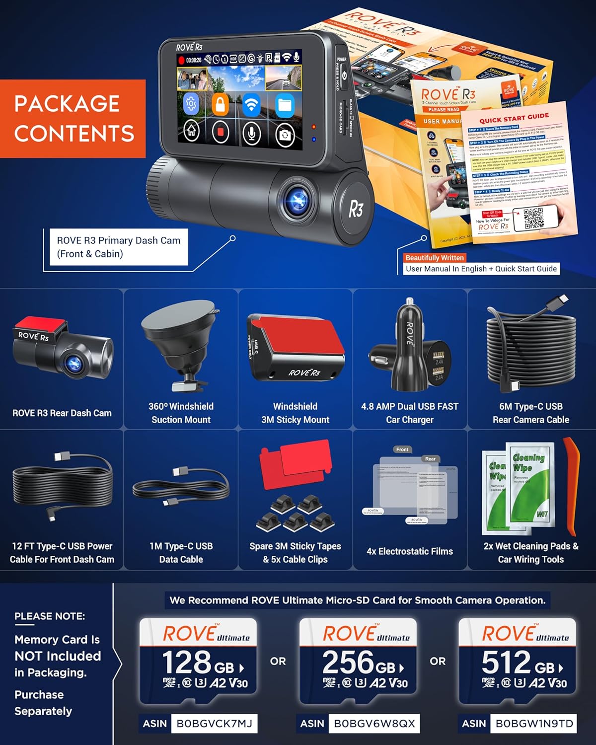 ROVE R3 Dash Cam Front and Rear with Cabin, 3” IPS Touch Screen, 3 Channel Dash Cam 1440P+1080P+1080P Car Camera with IR Night Vision, 5G WiFi, GPS, Supercapacitor, Supports up to 512GB Max - Build Your Ideas