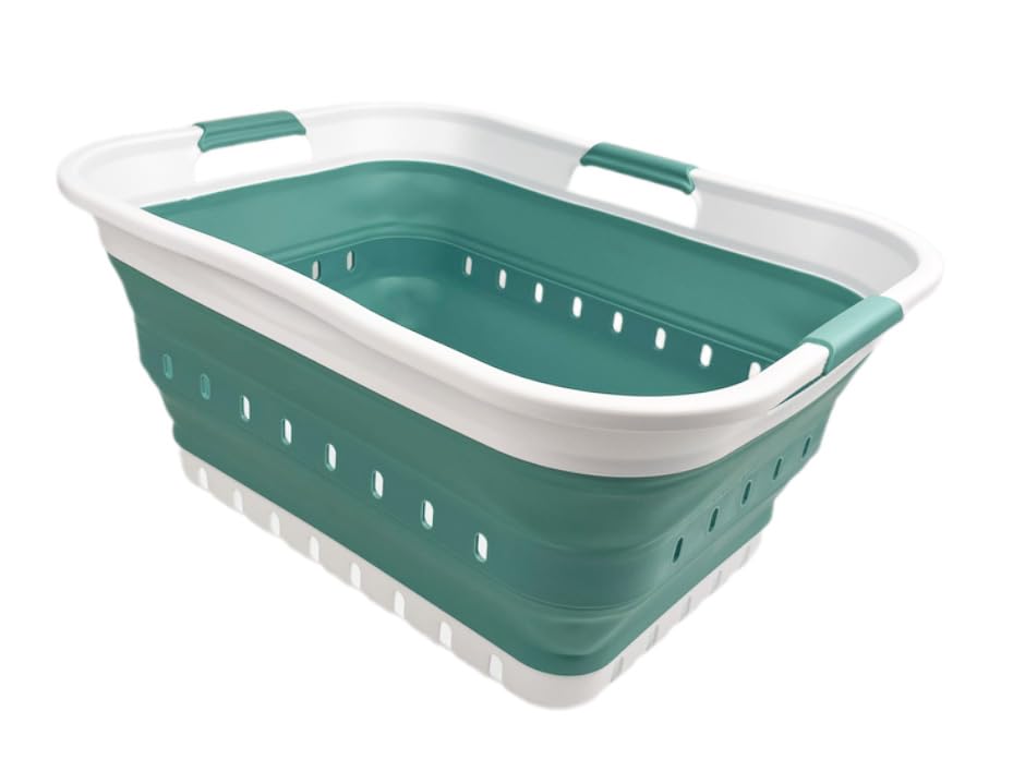 SAMMART 42L (11 gallon) Collapsible Plastic Laundry Basket - Foldable Pop Up Storage Container/Organizer - Space Saving Hamper/Basket (1, White/Grey) - Build Your Ideas